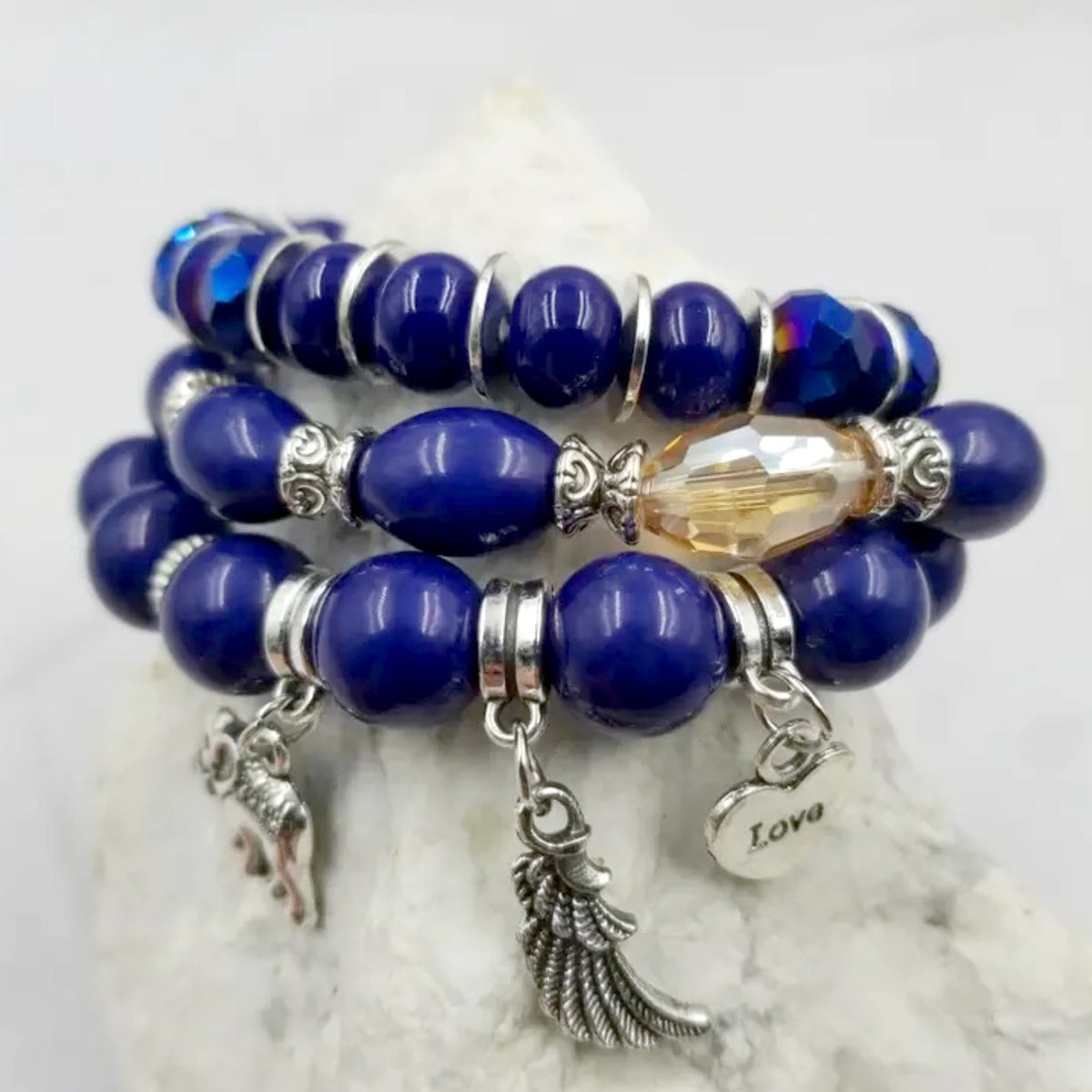 Boho Beaded Stretch Bracelet 3 Piece Set - Blue - Made in the USA