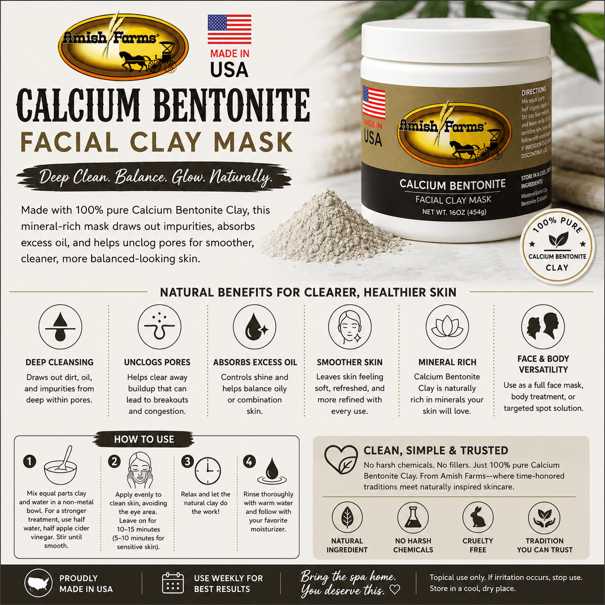 Amish Farms - Calcium Bentonite Facial Clay Mask - Made in the USA