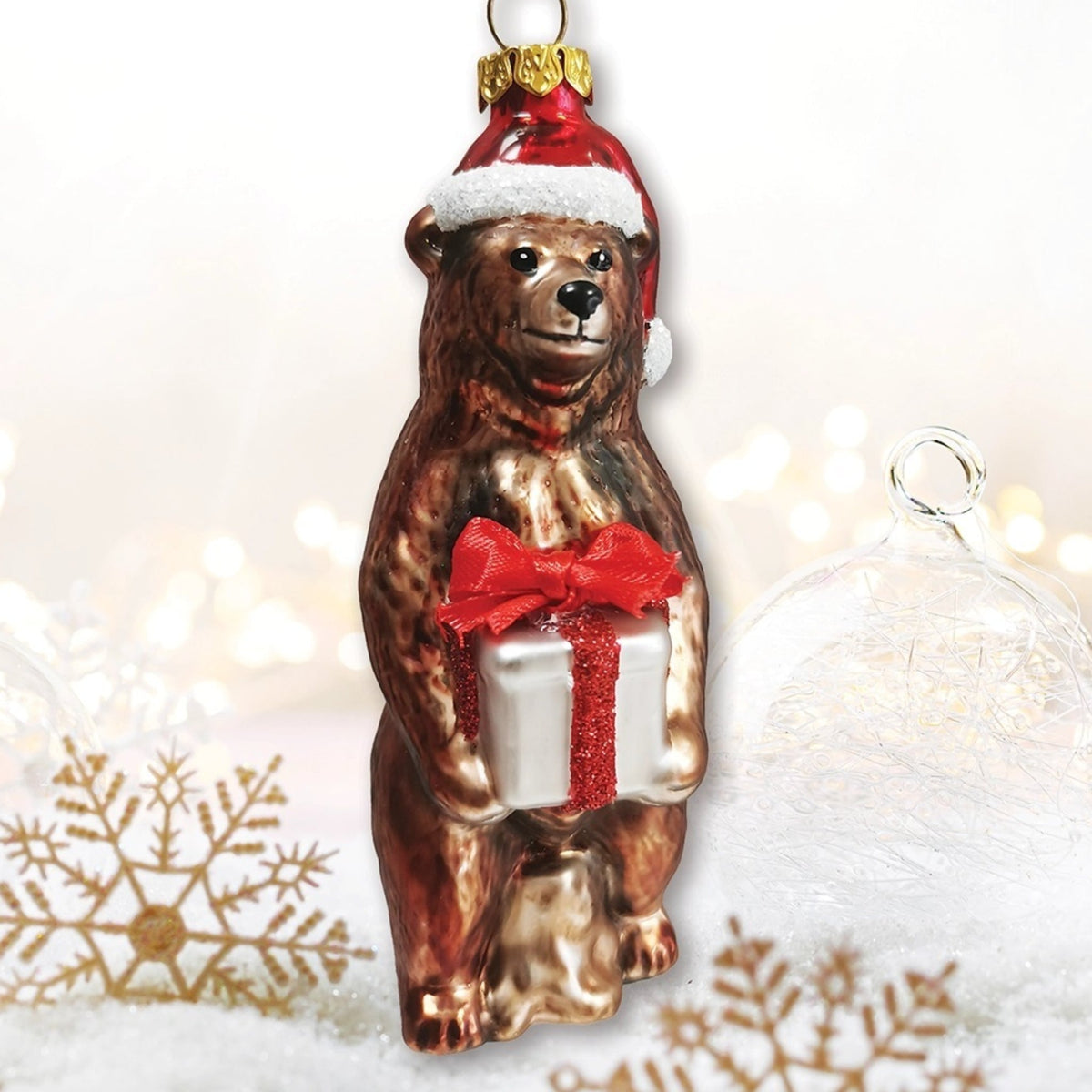 Grizzly Bear with Santa Hat and Present Glass Christmas Ornaments - Made in the USA