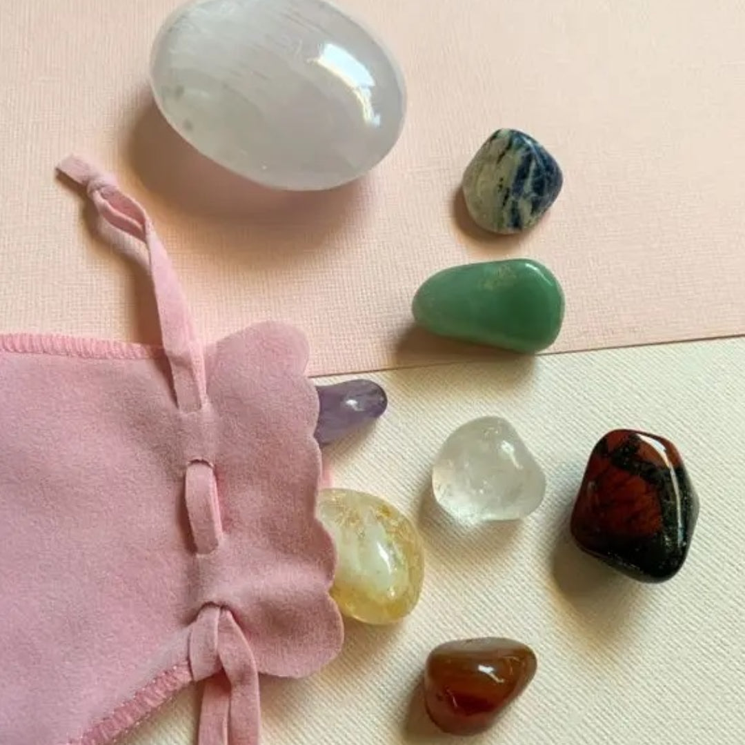 7 Chakra Stone Set with Selenite Palm Stone - Made in the USA