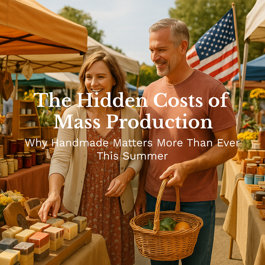 A joyful couple shops at a sunny outdoor market, smiling as they explore a display of handcrafted, colorful goods made by local artisans — celebrating the charm of buying handmade over mass-produced.