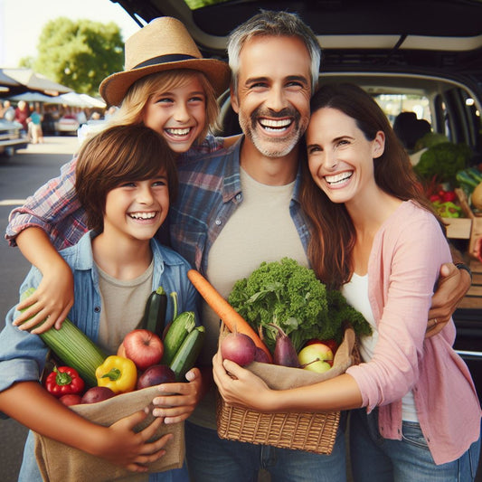 A happy family enjoying the items they found at a local farm market in the USA.
