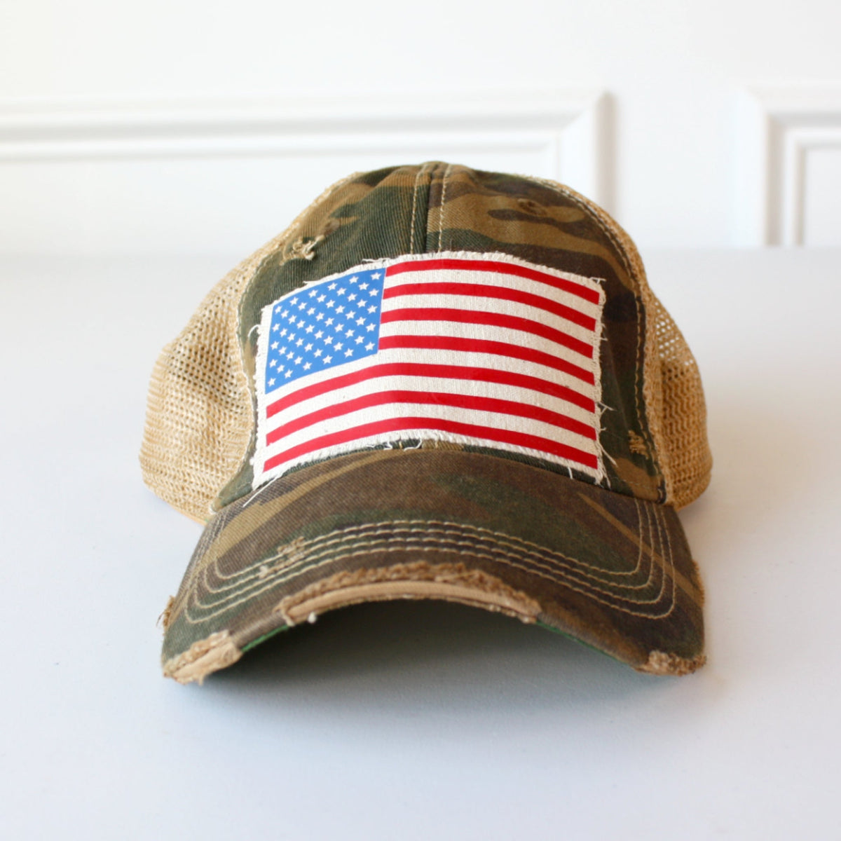 Distressed American Flag Hat - Camo - Made in the USA