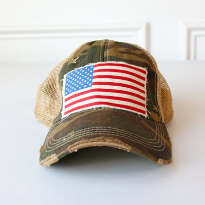 Distressed American Flag Hat - Camo - Made in the USA