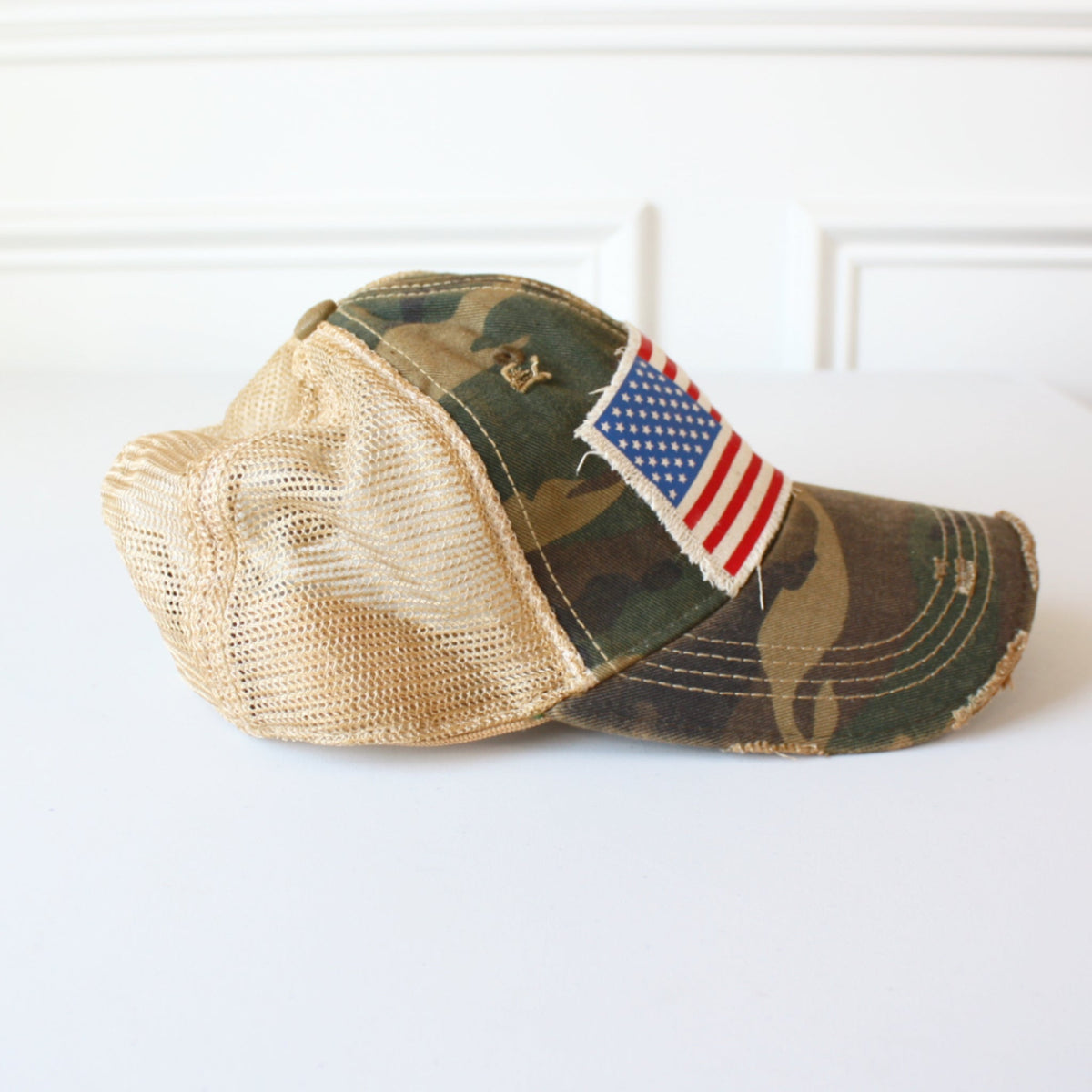 Distressed American Flag Hat - Camo - Made in the USA