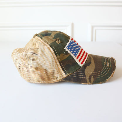 Distressed American Flag Hat - Camo - Made in the USA