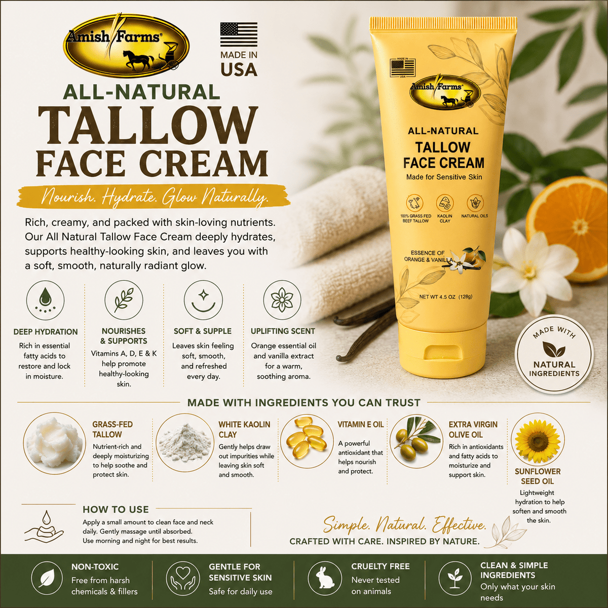 Amish Farms All Natural Tallow Face Cream - Made in the USA