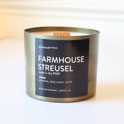Antique Brass Wood Wick Soy Candle - Farmhouse Streusel - Made in the USA
