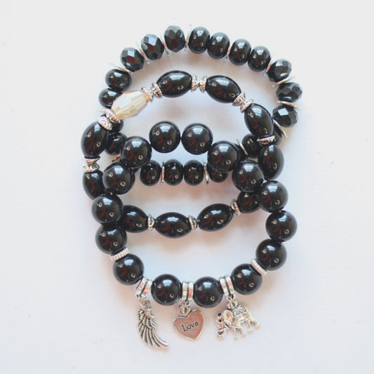 Boho Beaded Stretch Bracelet 3 Piece Set - Black - Made in the USA