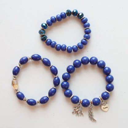Boho Beaded Stretch Bracelet 3 Piece Set - Blue - Made in the USA