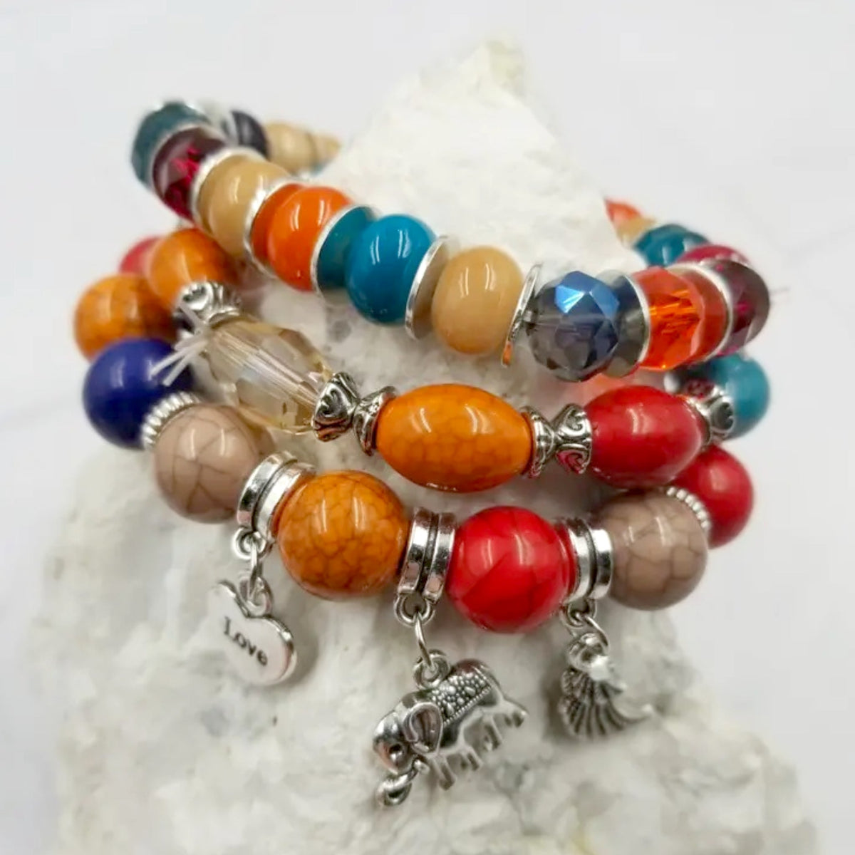 Boho Beaded Stretch Bracelet 3 Piece Set - Rainbow - Made in the USA