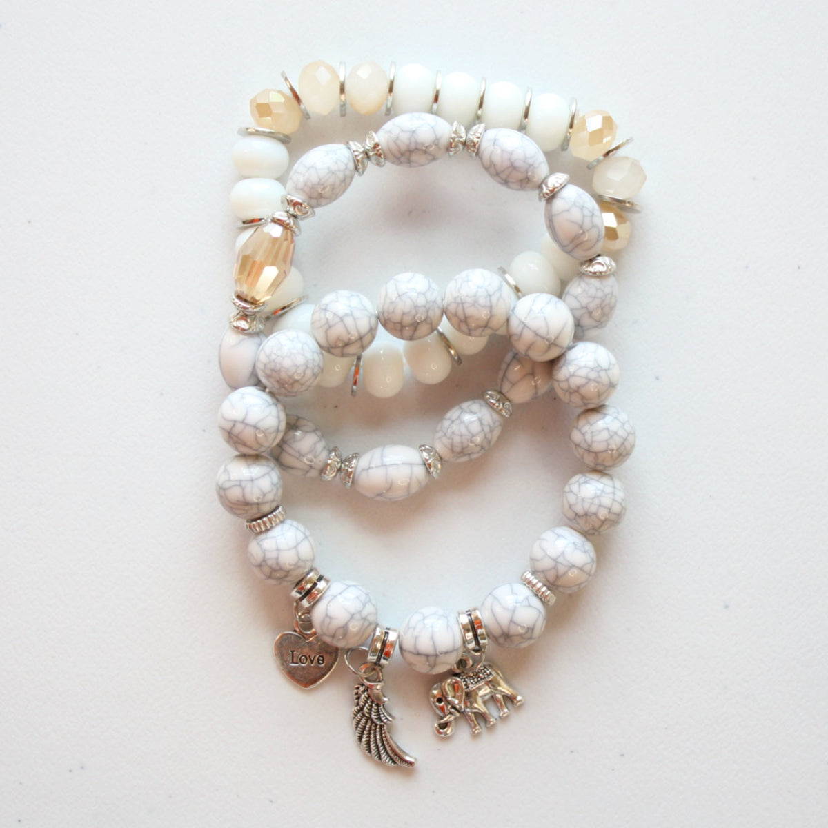 Boho Beaded Stretch Bracelet 3 Piece Set - White - Made in the USA