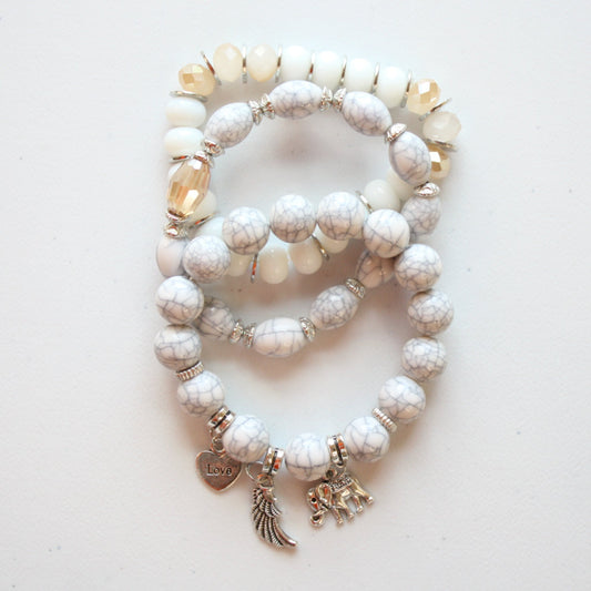 Boho Beaded Stretch Bracelet 3 Piece Set - White - Made in the USA