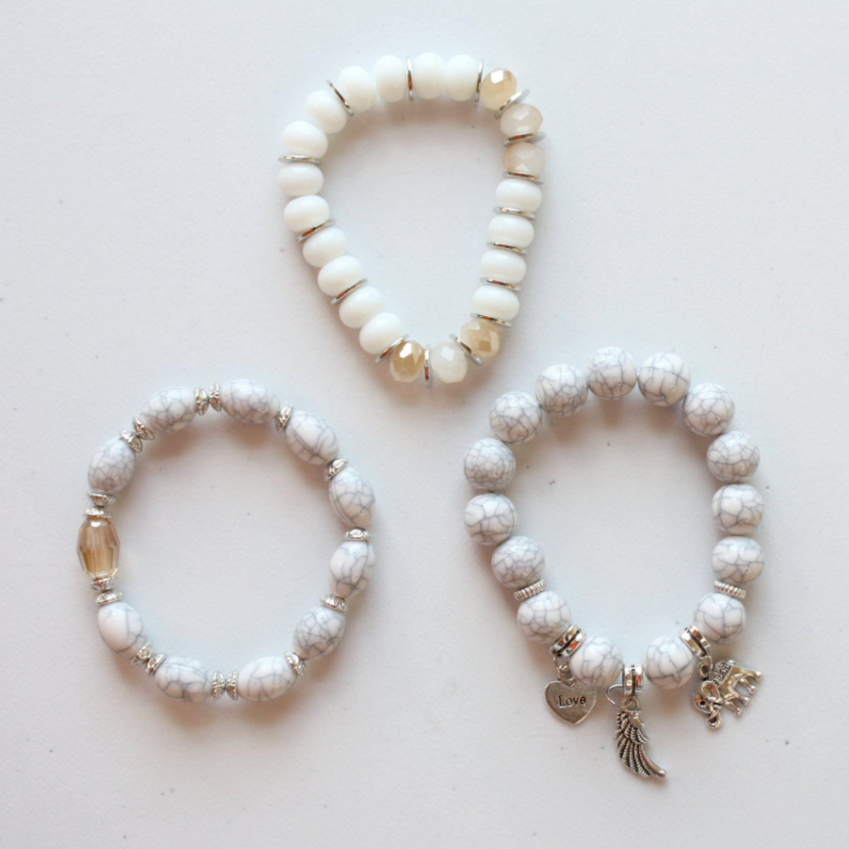 Boho Beaded Stretch Bracelet 3 Piece Set - White - Made in the USA