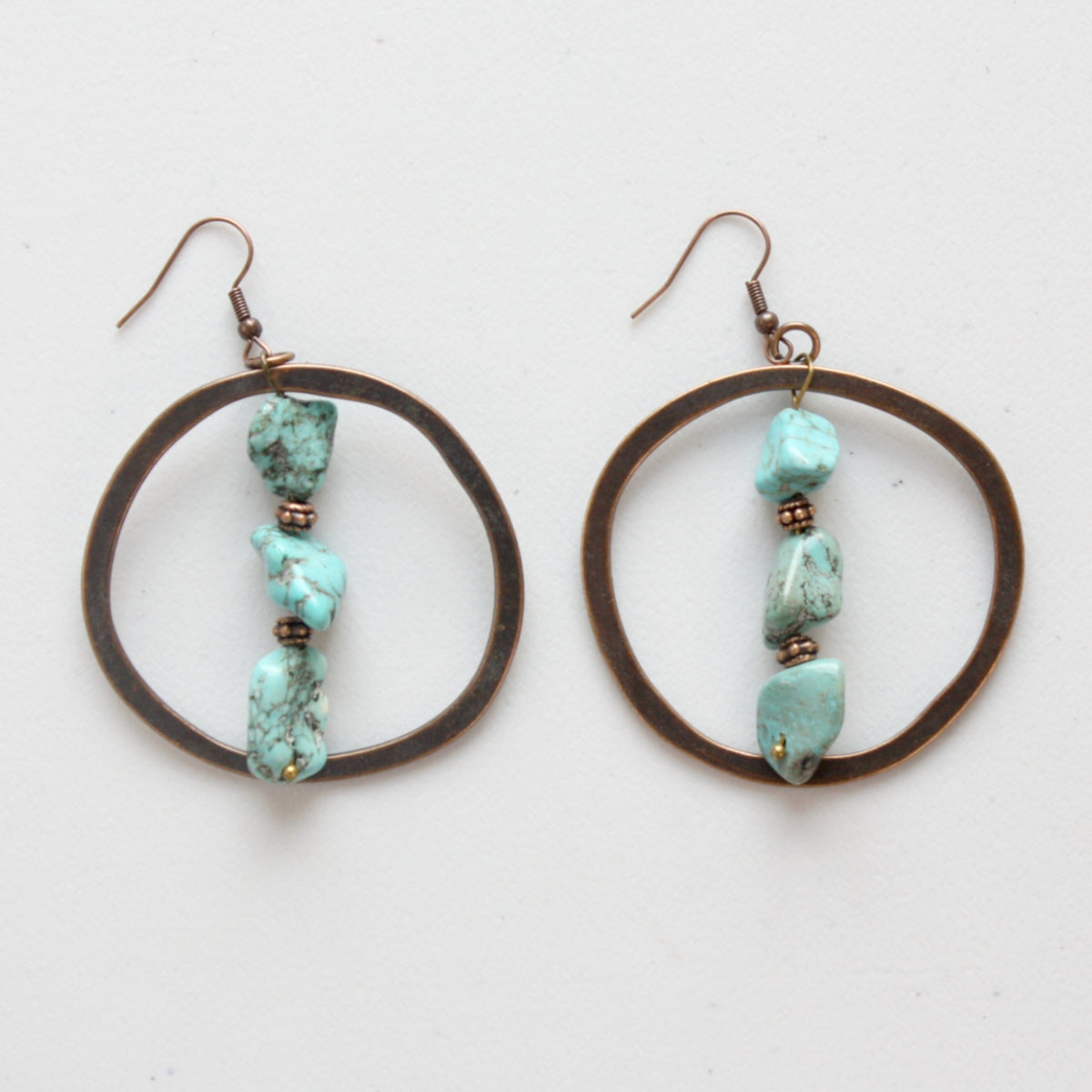 Copper Hoop Earrings with Blue Turquoise and Copper - Made in the USA