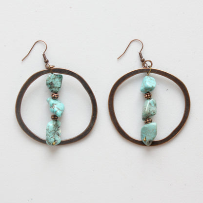 Copper Hoop Earrings with Blue Turquoise and Copper - Made in the USA