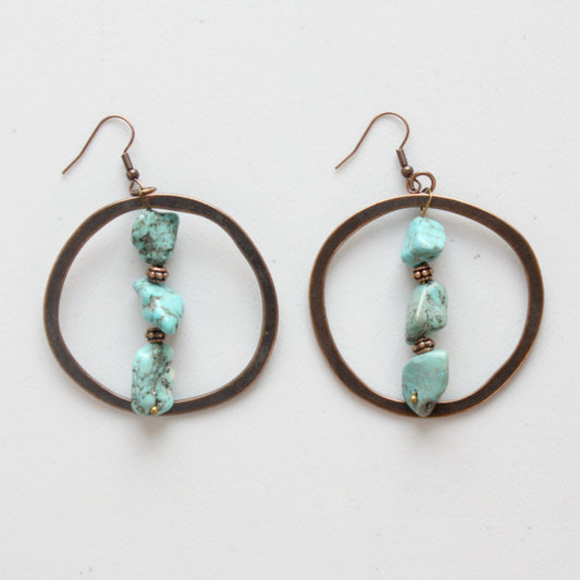 Copper Hoop Earrings with Blue Turquoise and Copper - Made in the USA