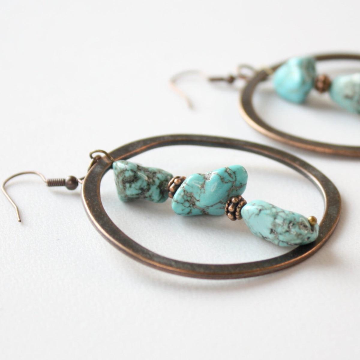 Copper Hoop Earrings with Blue Turquoise and Copper - Made in the USA