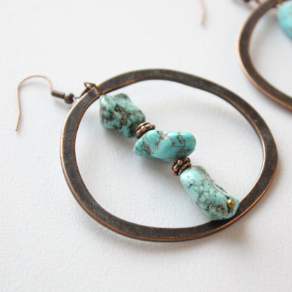 Copper Hoop Earrings with Blue Turquoise and Copper - Made in the USA