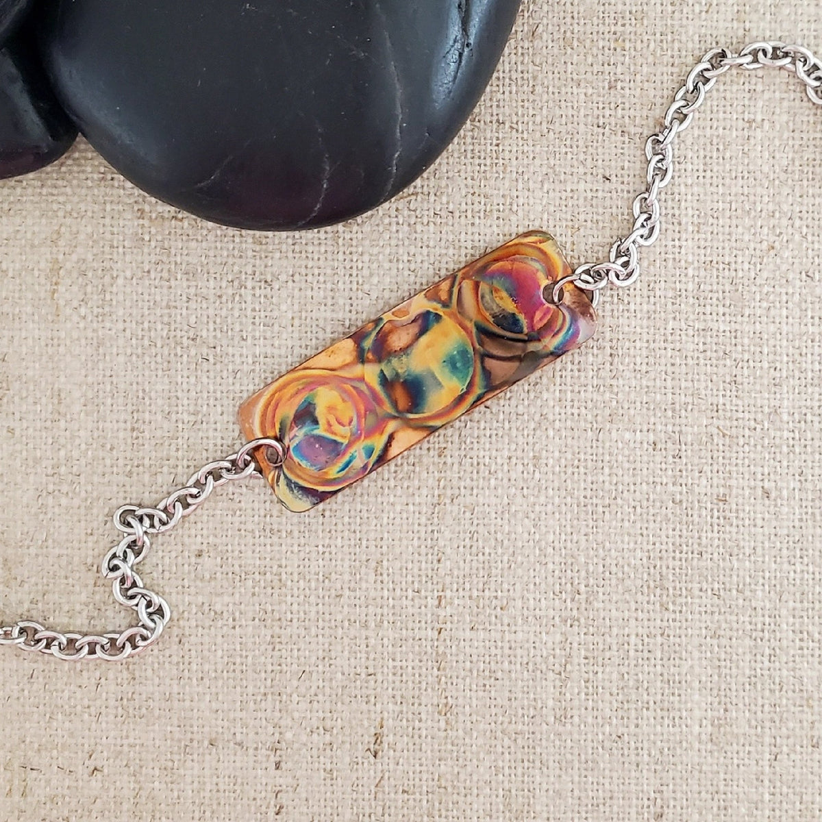 Flame Paint Copper Boho Rectangle Bracelet - Made in the USA