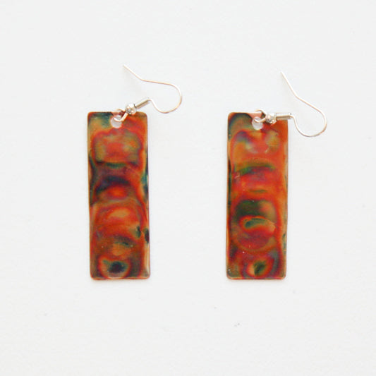 Flame Paint Copper Boho Rectangle Earrings - Made in the USA