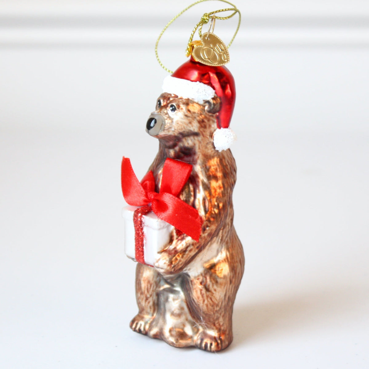 Grizzly Bear with Santa Hat and Present Glass Christmas Ornaments - Made in the USA