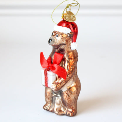 Grizzly Bear with Santa Hat and Present Glass Christmas Ornaments - Made in the USA
