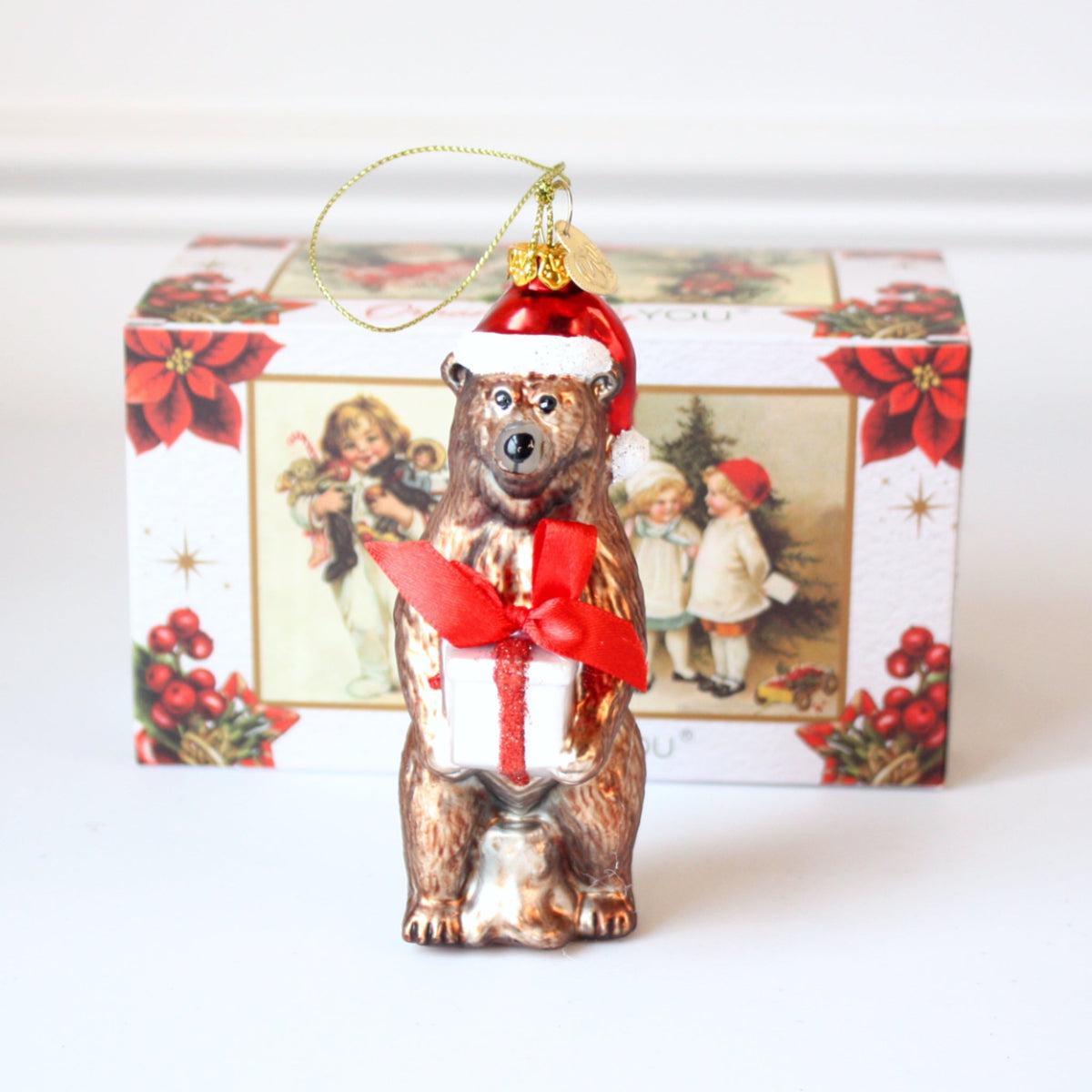 Grizzly Bear with Santa Hat and Present Glass Christmas Ornaments - Made in the USA