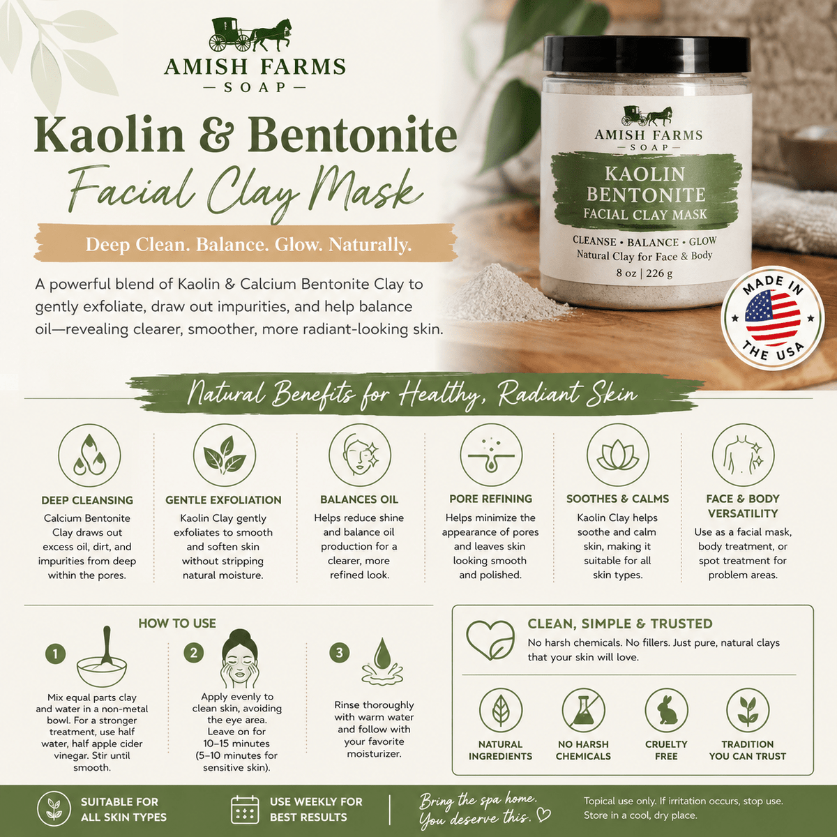 Amish Farms - Kaolin Bentonite Facial Clay Mask - Made in the USA