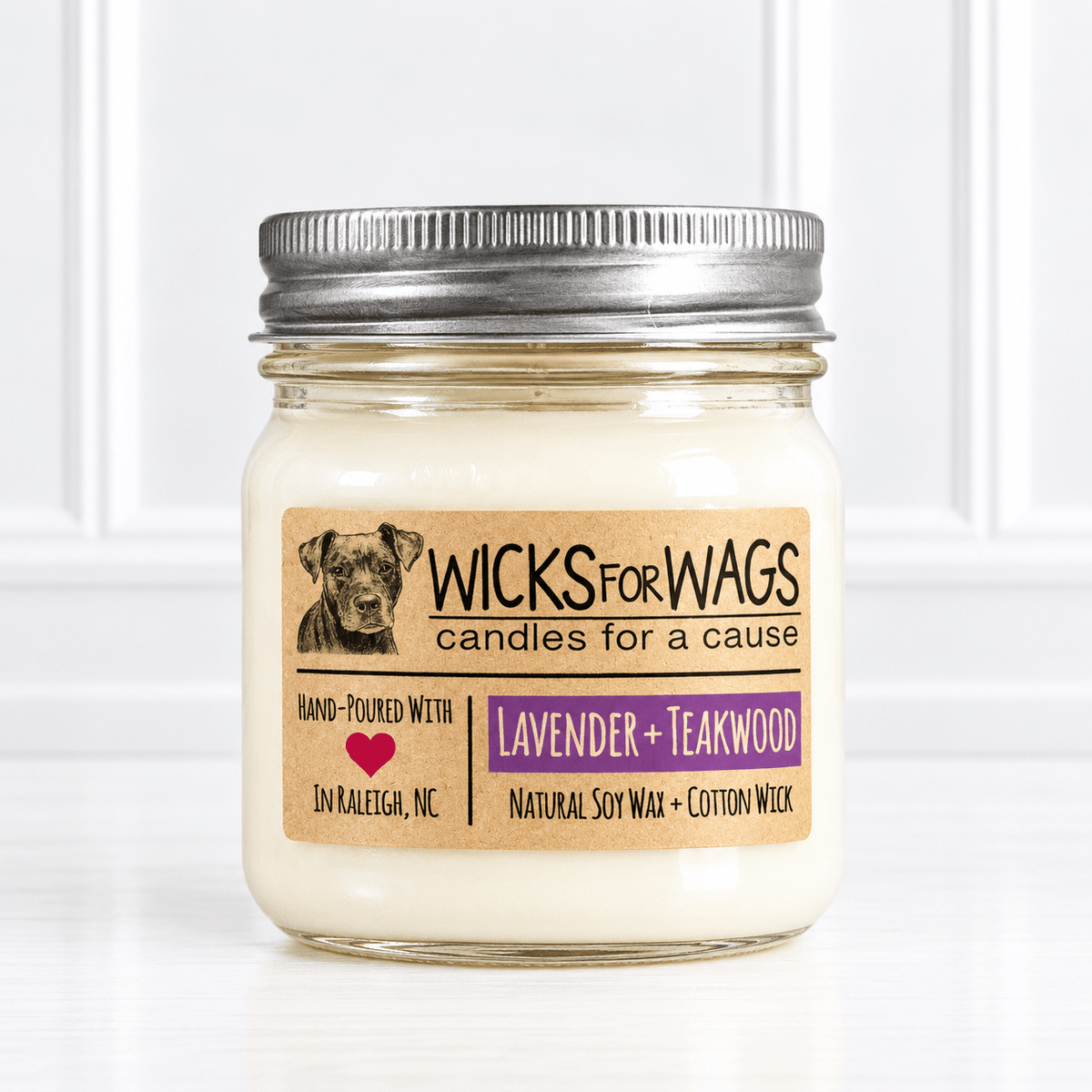 Wicks for Wags Soy Candle - Lavender and Teakwood - Made in the USA