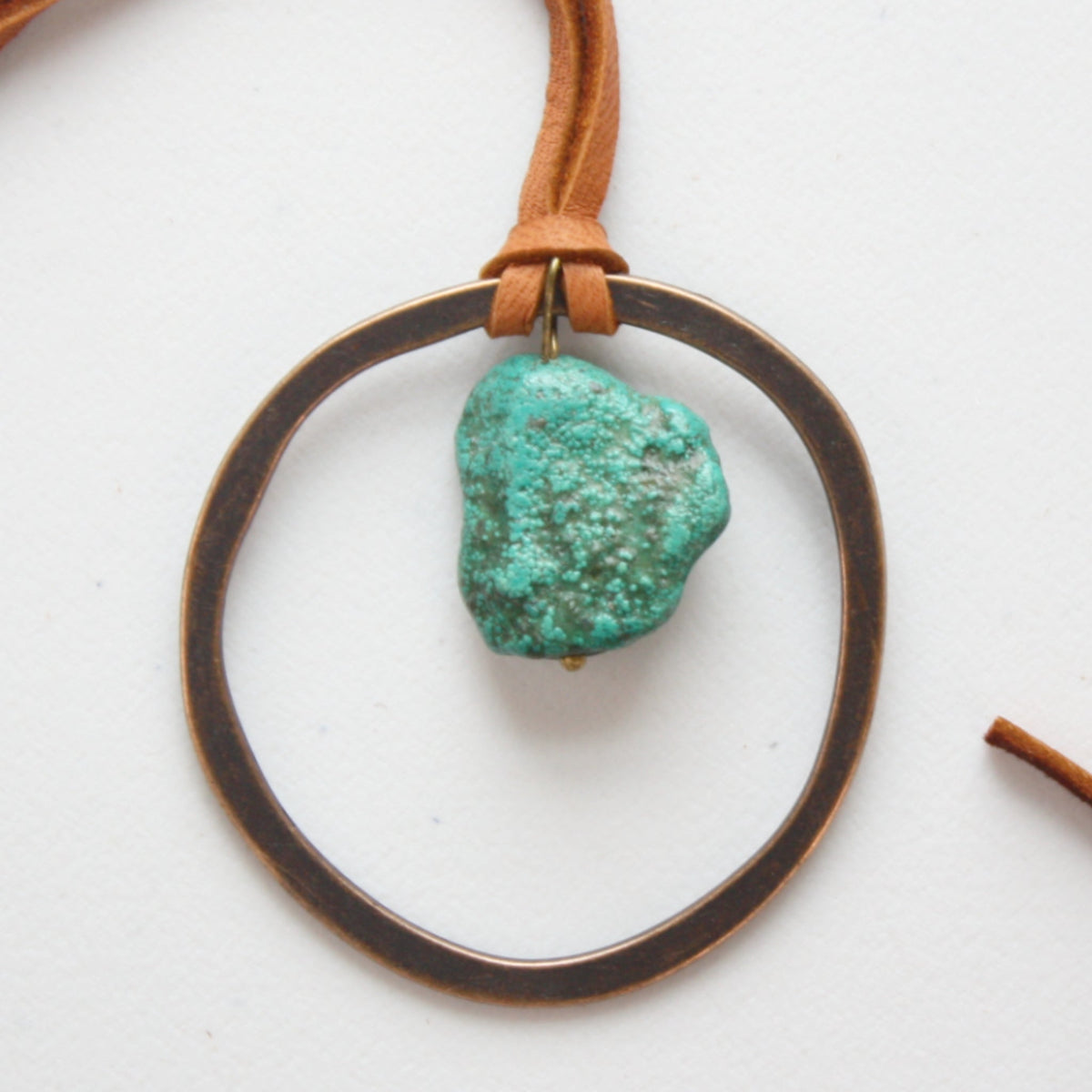 Leather Cord Necklace with Antique Gold Hoop and Turquoise - Made in the USA