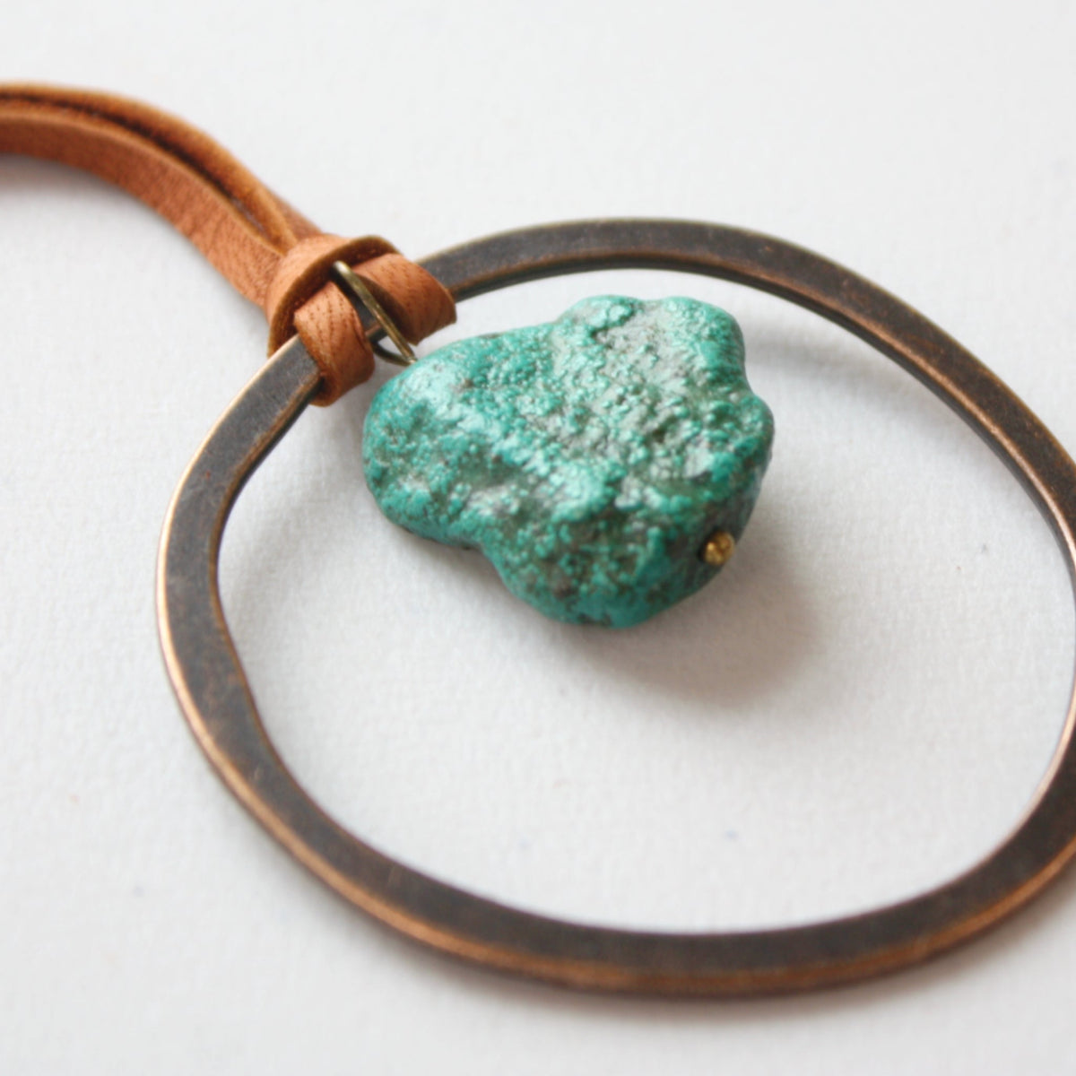 Leather Cord Necklace with Antique Gold Hoop and Turquoise - Made in the USA