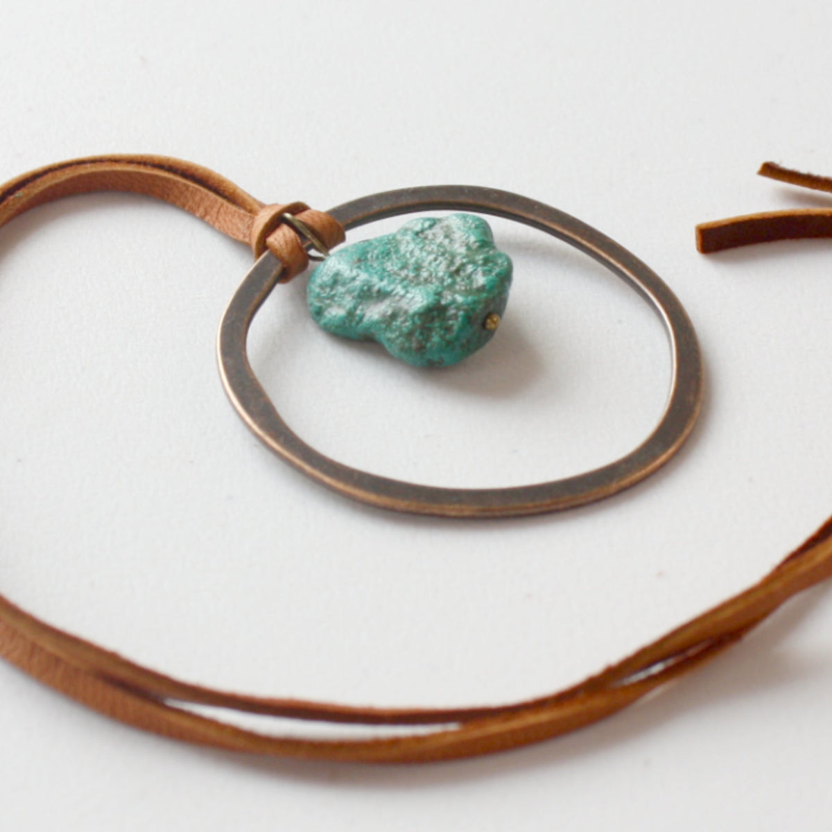 Leather Cord Necklace with Antique Gold Hoop and Turquoise - Made in the USA