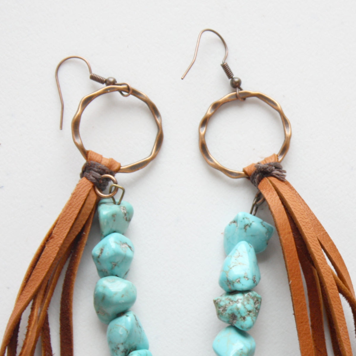 Leather Fringe Earrings with Turquoise Chunks - Made in the USA