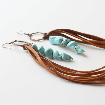 Leather Fringe Earrings with Turquoise Chunks - Made in the USA