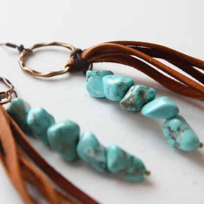 Leather Fringe Earrings with Turquoise Chunks - Made in the USA