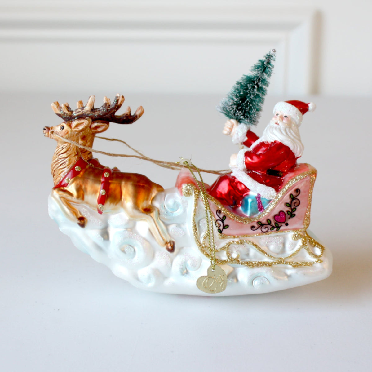 Santa's Sleigh and Reindeer Glass Christmas Ornaments - Made in the USA