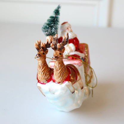 Santa's Sleigh and Reindeer Glass Christmas Ornaments - Made in the USA