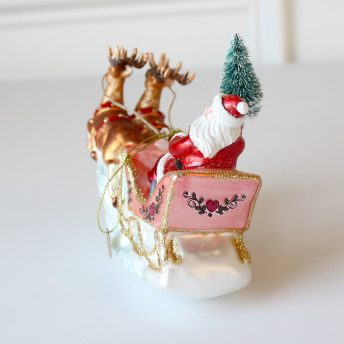 Santa's Sleigh and Reindeer Glass Christmas Ornaments - Made in the USA