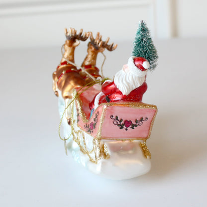 Santa's Sleigh and Reindeer Glass Christmas Ornaments - Made in the USA