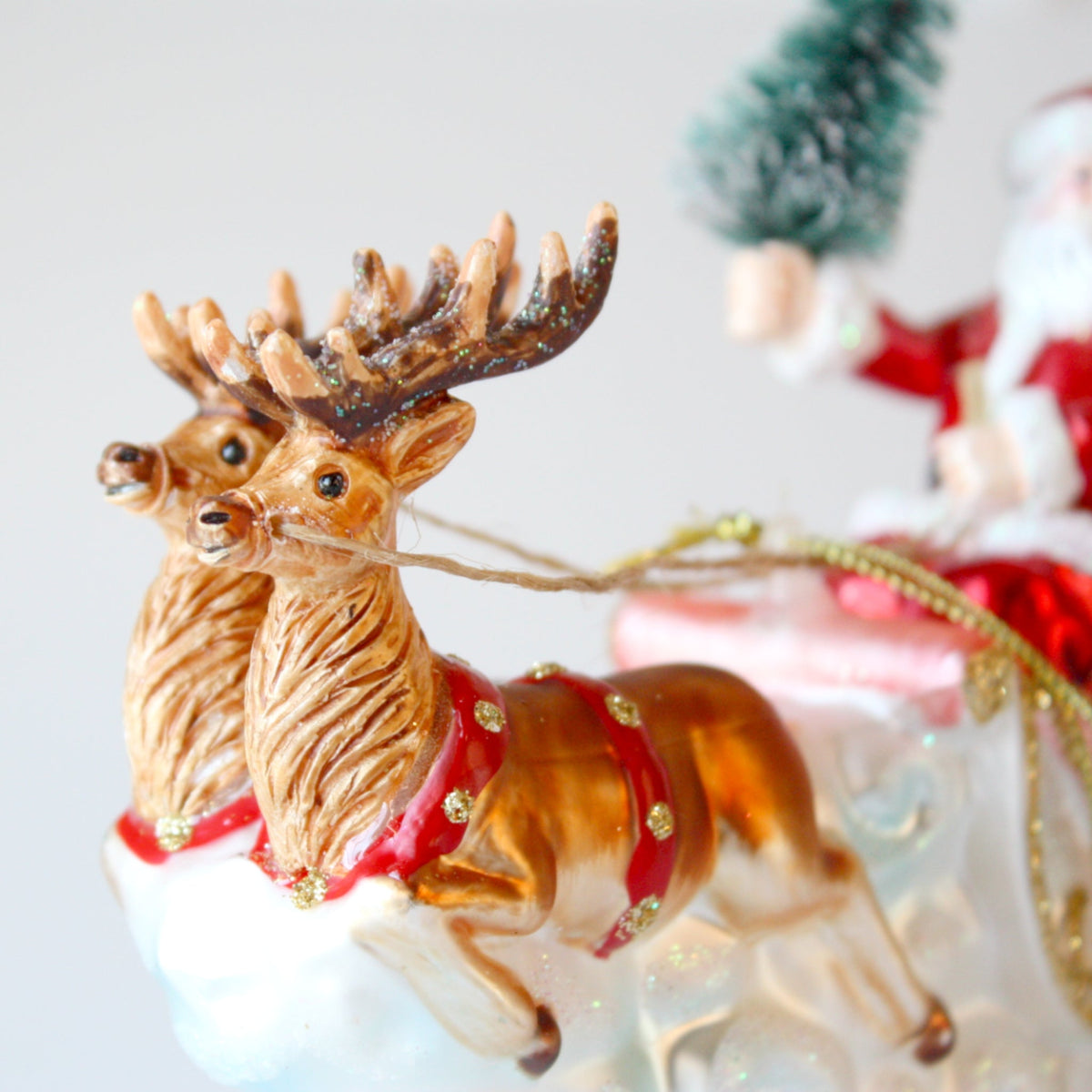 Santa's Sleigh and Reindeer Glass Christmas Ornaments - Made in the USA