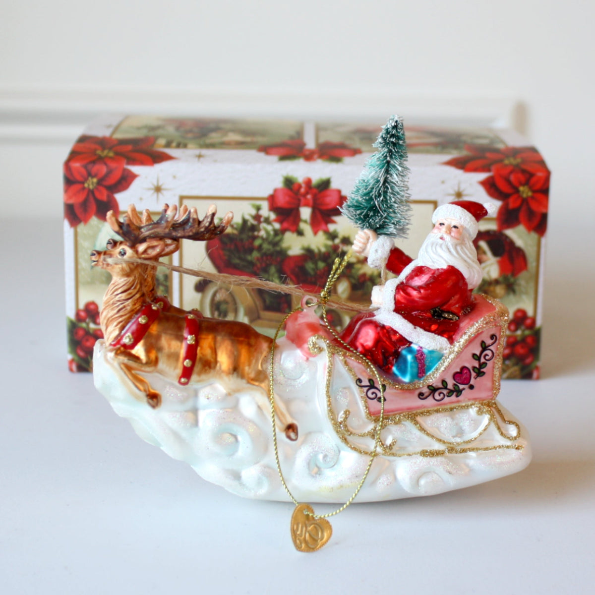 Santa's Sleigh and Reindeer Glass Christmas Ornaments - Made in the USA