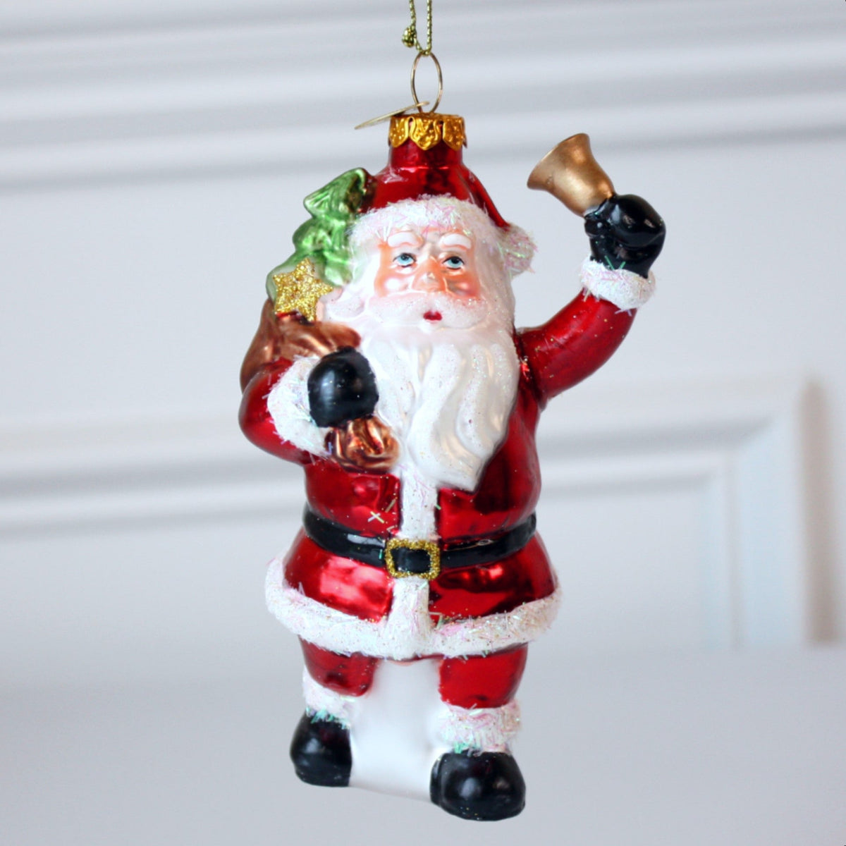 Santa with Bell and Toy Bag Glass Christmas Ornaments - Made in the USA