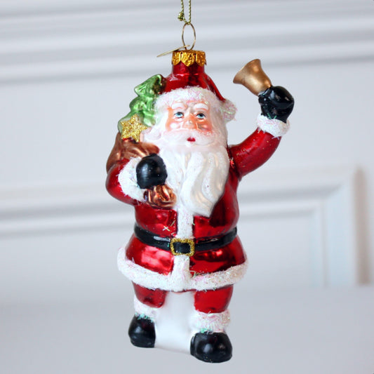 Santa with Bell and Toy Bag Glass Christmas Ornaments - Made in the USA