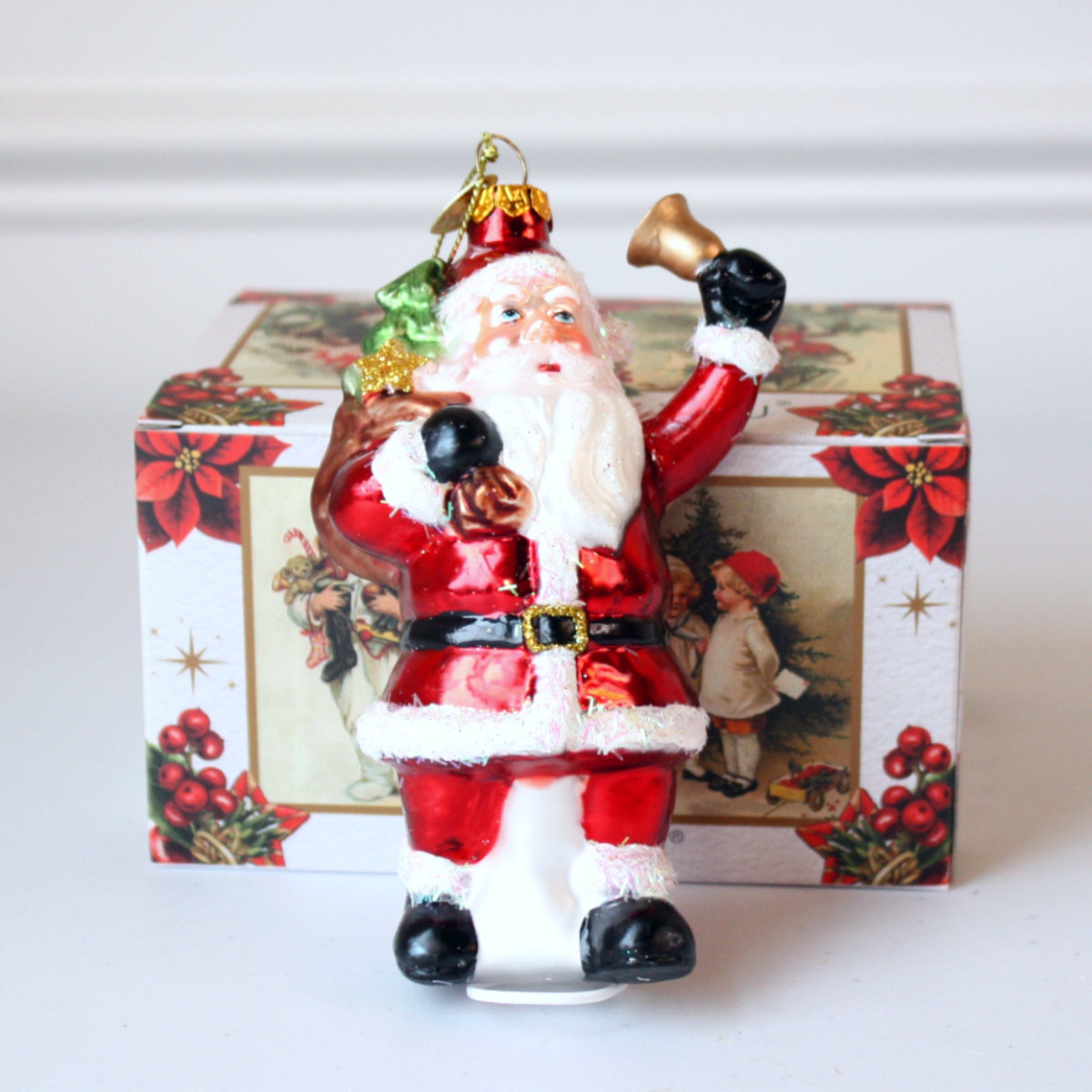 Santa with Bell and Toy Bag Glass Christmas Ornaments - Made in the USA