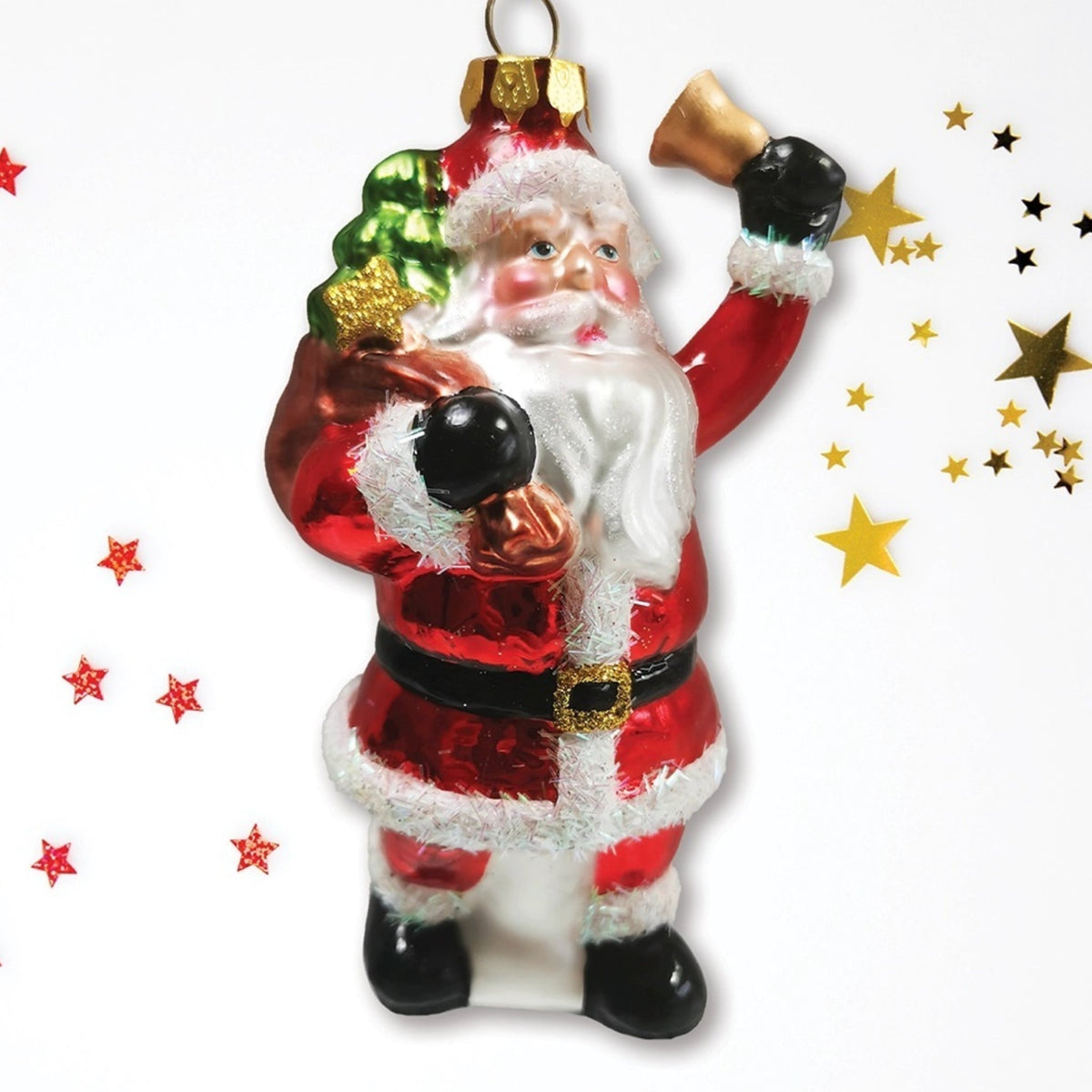 Santa with Bell and Toy Bag Glass Christmas Ornaments - Made in the USA
