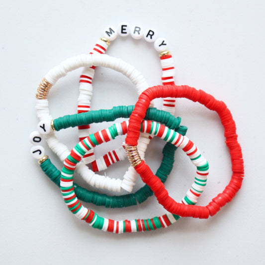 Set of Joy and Merry Christmas Stretch Stacking Bracelets - Made in the USA