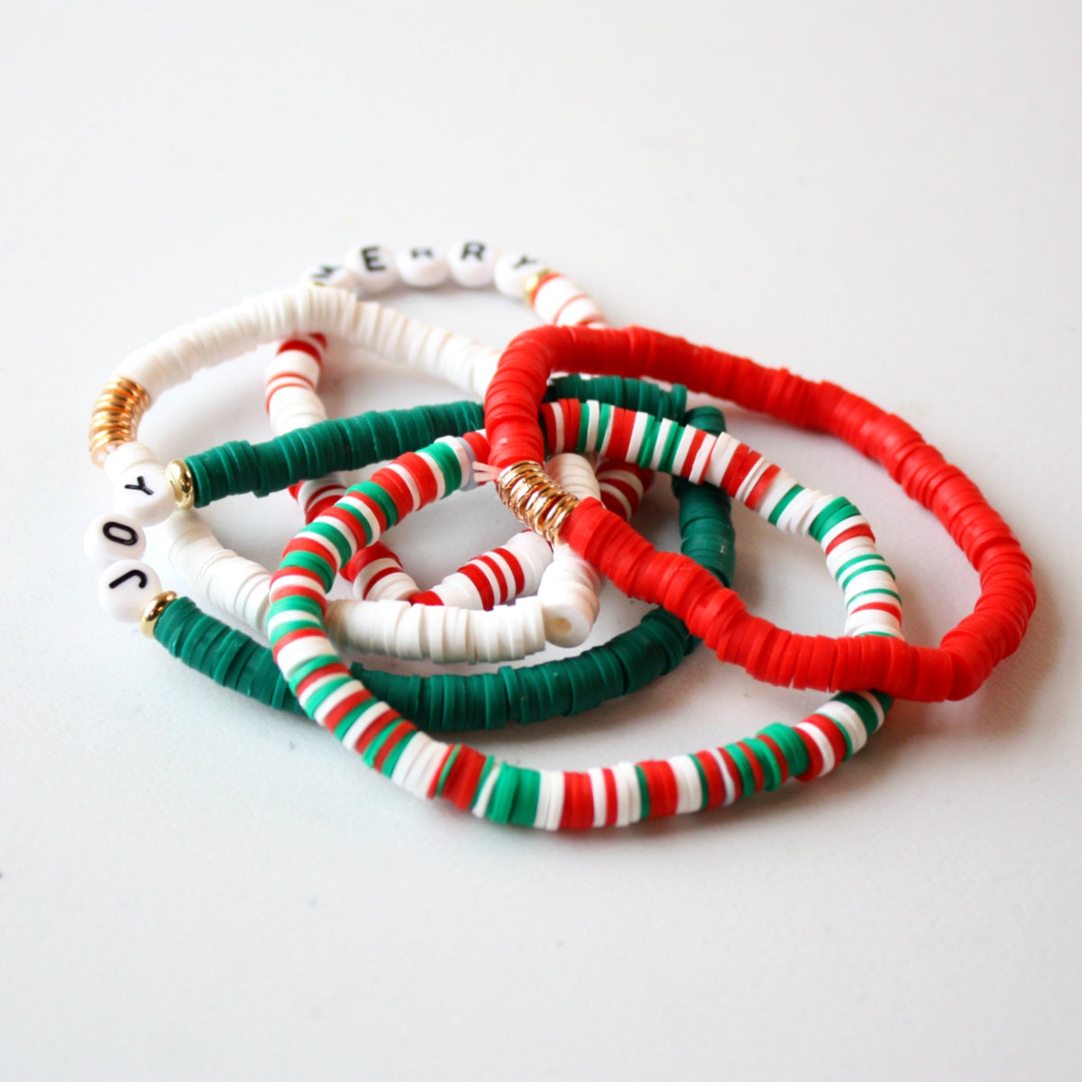 Set of Joy and Merry Christmas Stretch Stacking Bracelets - Made in the USA