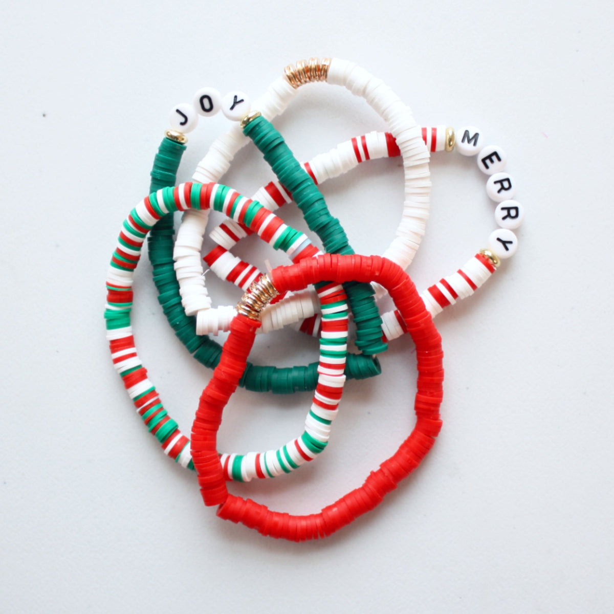 Set of Joy and Merry Christmas Stretch Stacking Bracelets - Made in the USA