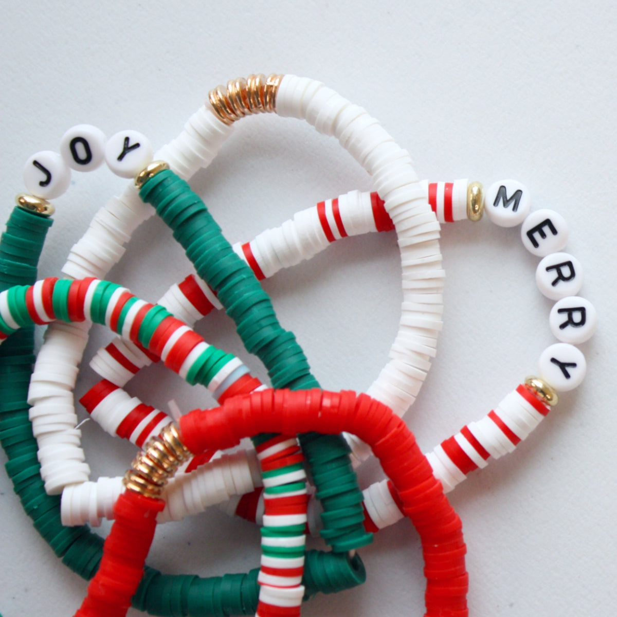 Set of Joy and Merry Christmas Stretch Stacking Bracelets - Made in the USA